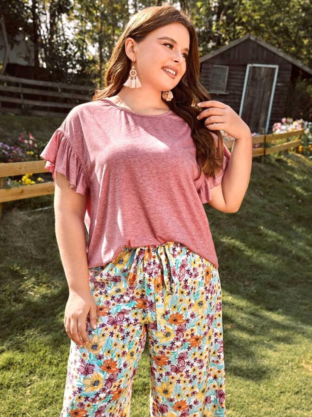 Floral Wide-Leg High-Waist Boho Trousers with Adjustable Drawstring - Size L - Picture 3 of 5